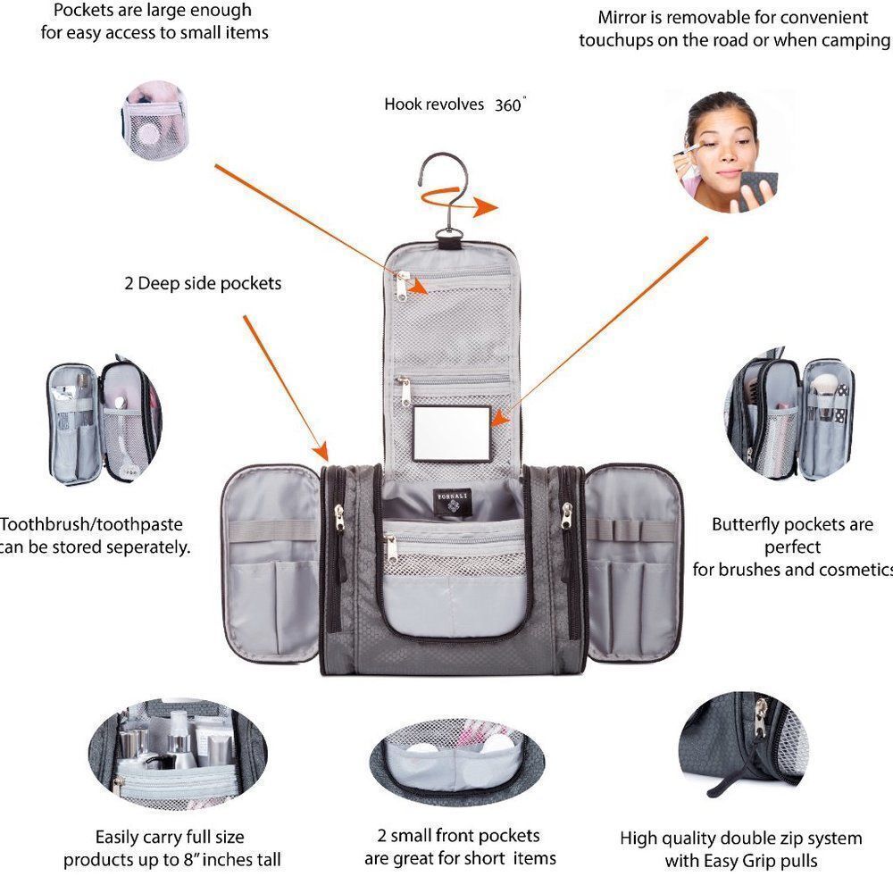 Borsali Gray Hanging Toiletry Bag Travel Organizer Mirror NWT - Picture 5 of 13